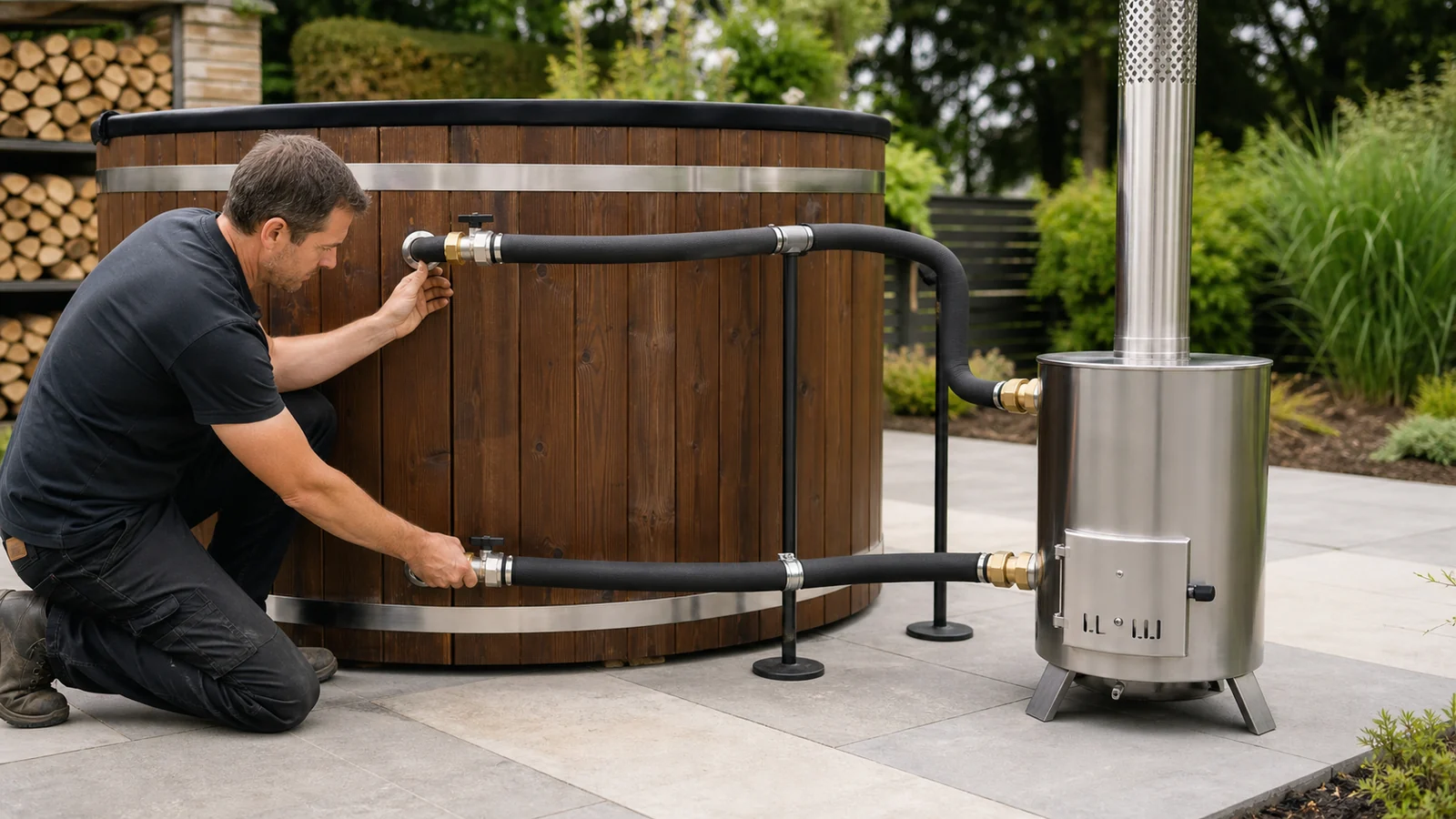Monteur prüft obere und untere Wasserleitung zwischen Badefass und externem Holzofen
