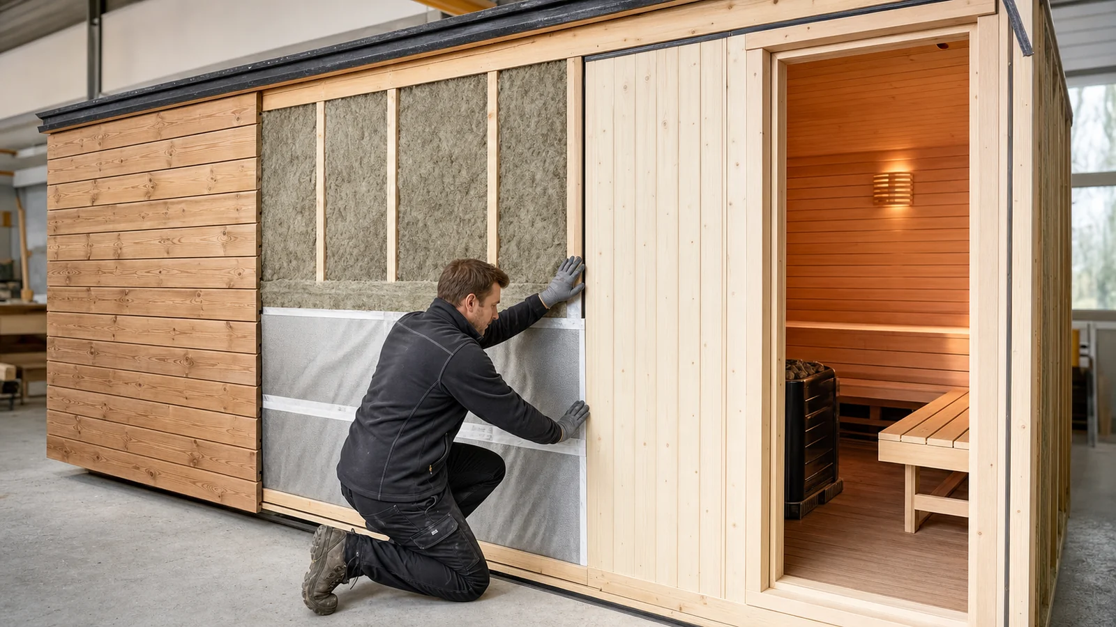 Handwerker montiert Dämmung und luftdicht verklebte Dampfbremse in der Wand einer Außensauna
