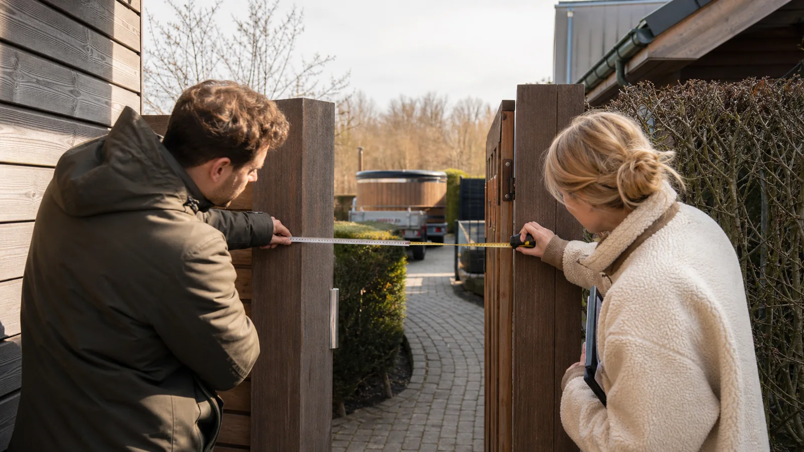 Lieferweg, Technikstandort und Versorgungsweg für ein Badefass werden vermessen