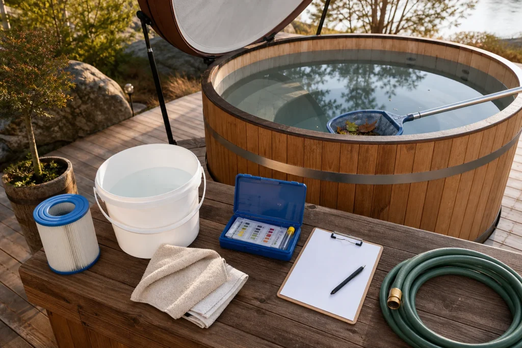 Wassertest, Filterkartusche und Reinigungszubehör liegen für den Neustart eines Badefasses bereit