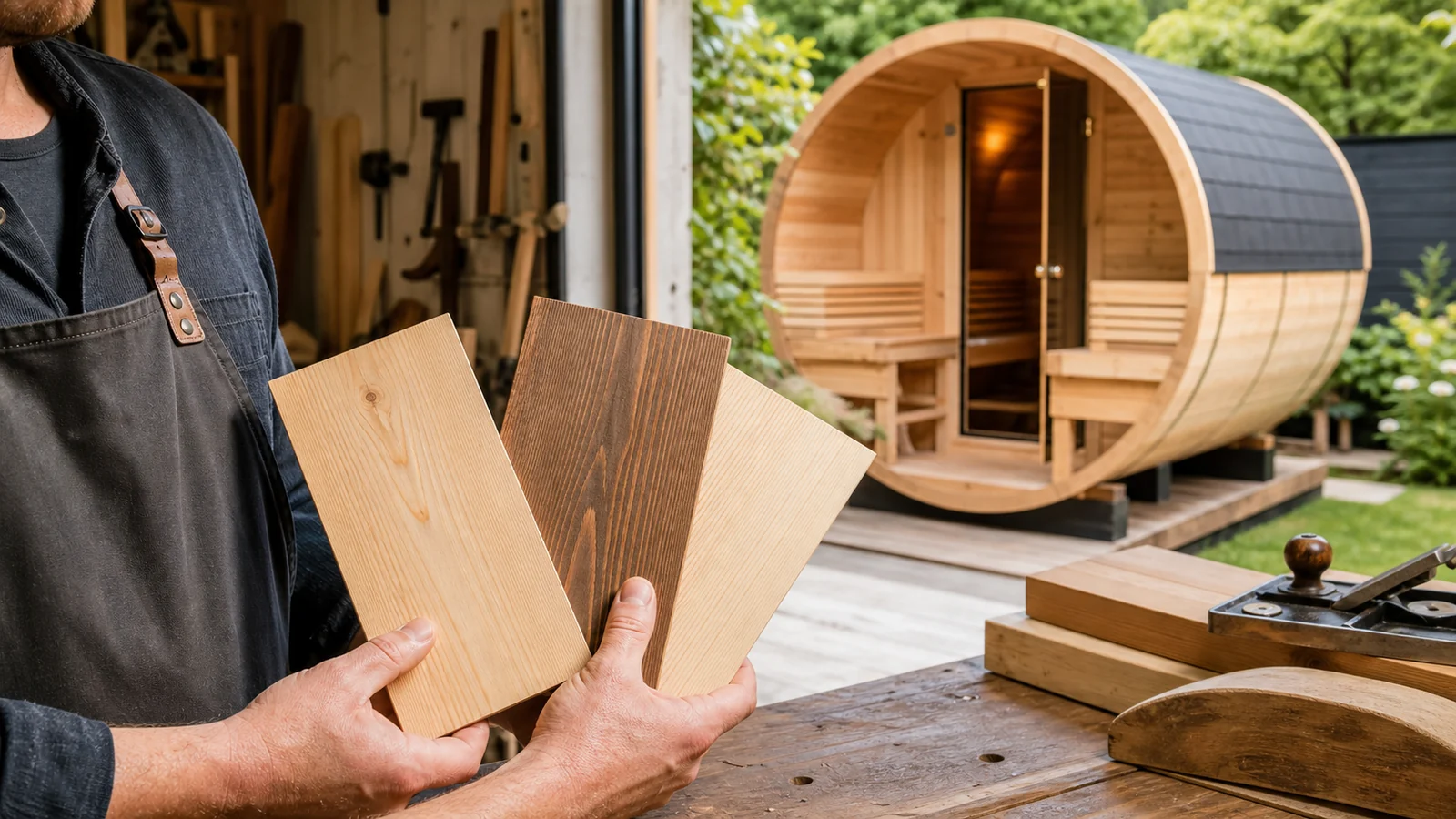 Holzfachmann vergleicht helle Fichte, dunkles Thermoholz und astarmes Bankholz vor einer Fasssauna