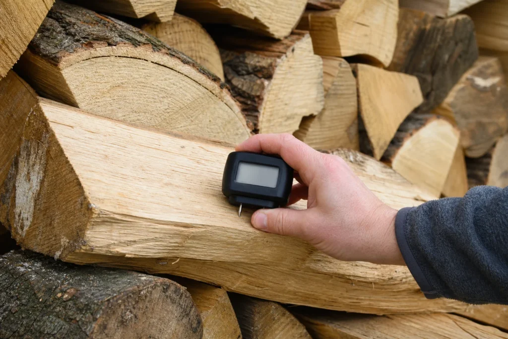 Hand misst die Holzfeuchte an einem gespaltenen Scheit mit einem Feuchtemessgerät