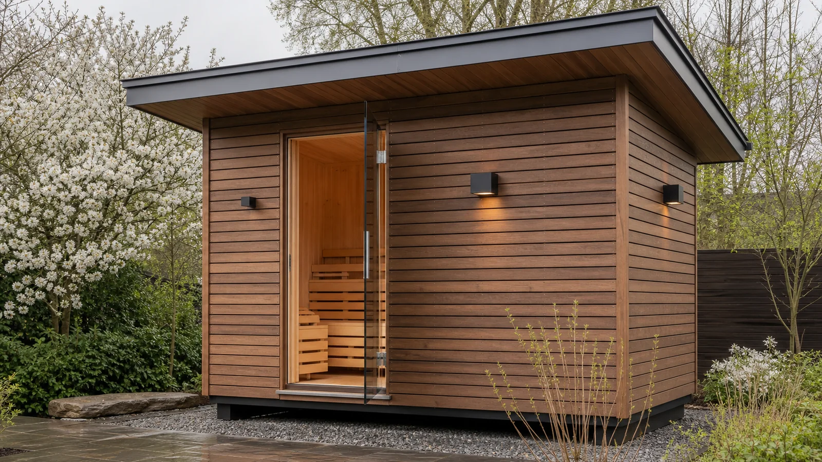Detail einer hinterlüfteten Thermoholz-Fassade an einer Außensauna