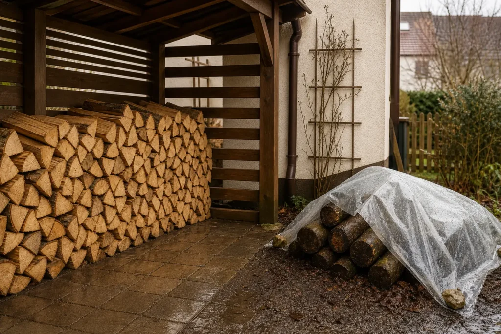 Vergleich von trocken gelagertem Brennholz und feuchtem Holz mit Bodenkontakt
