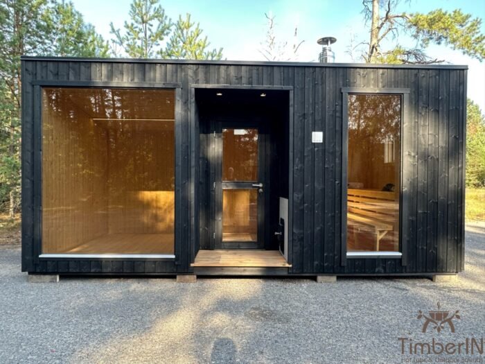 Modernes Saunahaus für den Garten – Design trifft auf Wellness 5 Modernes Saunahaus im Garten mit großer Glasfront und LED-Beleuchtung