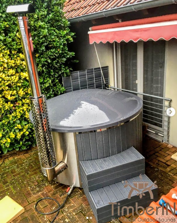 Badezuber Badefass GFK WPC – Thermoholz Verkleidung mit SMART Pellet oder Holzofen