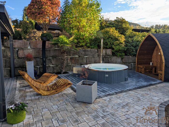 Badezuber Badefass GFK WPC – Thermoholz Verkleidung Mit SMART Pellet Oder Holzofen Außensauna Gartensauna Iglu Pod (1)