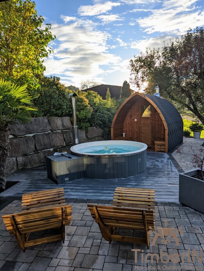 Badezuber Badefass GFK WPC – Thermoholz Verkleidung Mit SMART Pellet Oder Holzofen Außensauna Gartensauna Iglu Pod (2)