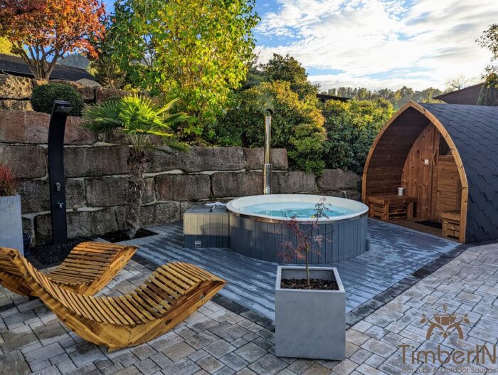 Badezuber Badefass GFK WPC – Thermoholz Verkleidung Mit SMART Pellet Oder Holzofen Außensauna Gartensauna Iglu Pod (4)