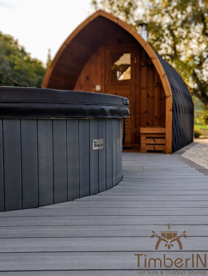Badezuber Badefass GFK WPC – Thermoholz Verkleidung Mit SMART Pellet Oder Holzofen Außensauna Gartensauna Iglu Pod (6)