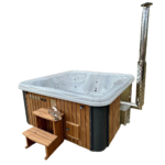 Quadratisches Acryl Badefass mit Holzofen – TimberIN Nordic Square mit Thermoholz und Whirlpool-Funktion