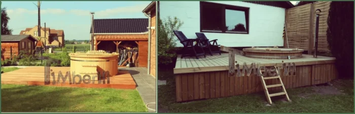 Untergrund 1 Drei Beispiele für runde TimberIN Badefässer auf erhöhten Holzterrassen im Garten