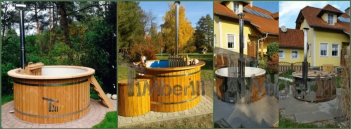 Untergrund 3 Drei TimberIN Badefässer auf ebenen gepflasterten Gartenflächen mit freien Wartungswegen