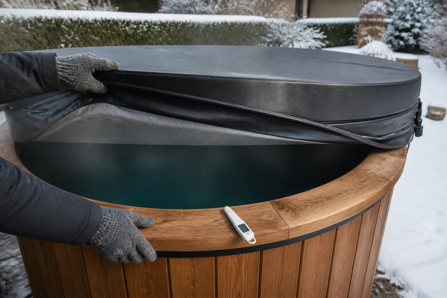 Winter 2 Graue isolierte Badefass-Abdeckung wird mit Winterhandschuhen angehoben; ein Thermometer liegt auf dem Thermoholzrand
