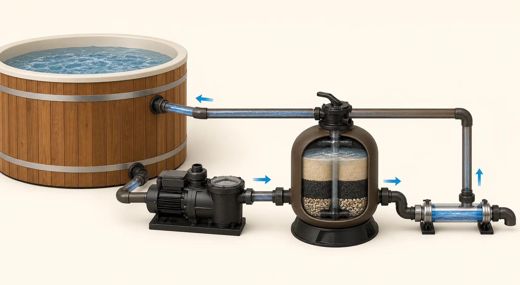 Badefass-Wasserpflege: Sandfilter, UV-C und sichere Desinfektion 2 Technische Illustration eines Badefass-Wasserkreislaufs mit Pumpe, Sandfilter und nachgeschaltetem UV-C-Gerät