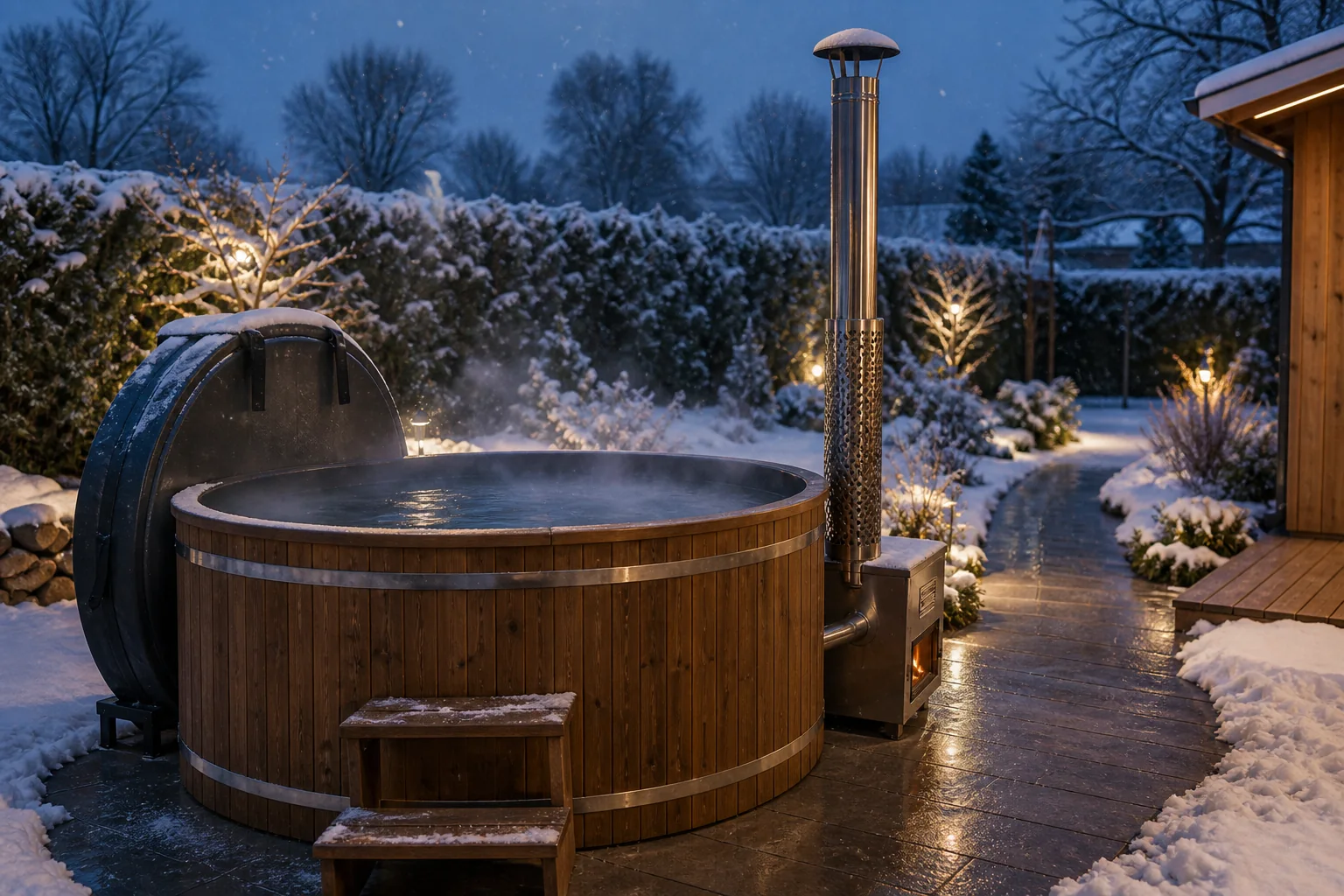 Rundes Thermoholz-Badefass mit aufsteigendem Dampf, Außenofen und schneefreiem Zugang im winterlichen Garten