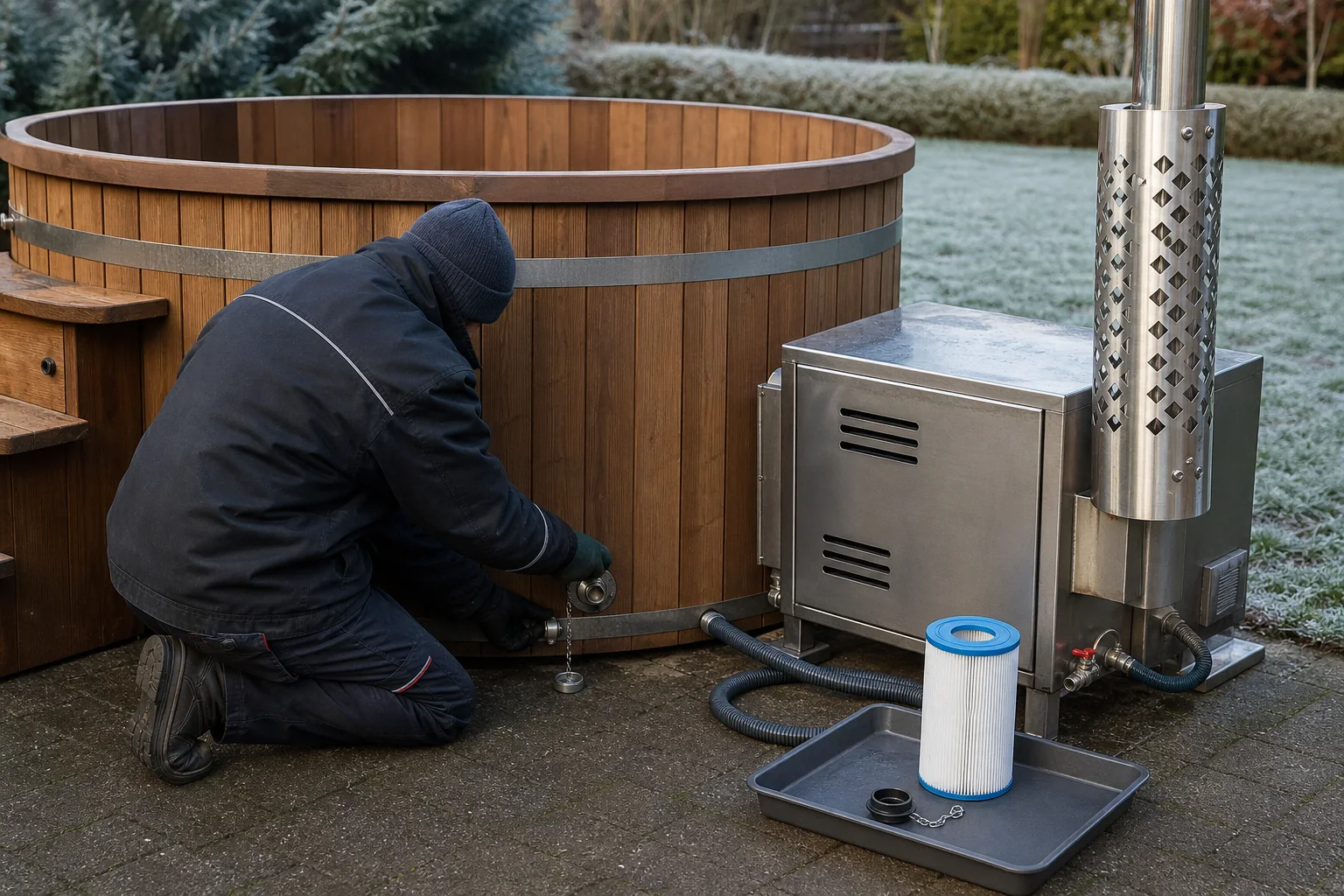 Winter 3 Servicetechniker entleert Anschlüsse eines Thermoholz-Badefasses und kontrolliert Außenofen, Schläuche und Filter vor dem Frost