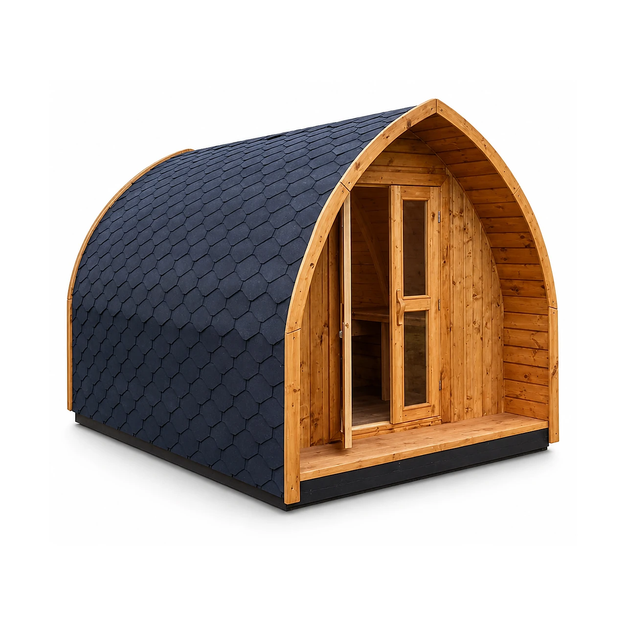 TimberIN Glamp Pod™ 1 TimberIN Glamp Pod™ – bogenförmiges Glamping-Pod aus Holz mit schwarzem Schindeldach, verglaster Doppeltür und kleiner überdachter Veranda auf weißem Hintergrund.