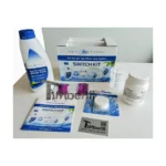 Badefass Zubehör 10 Badebottich Wasserpflege – komplettes Wasserpflege-Set für Badefässer mit Pflegemittelflaschen, Teststreifen, Beuteln und Anleitungspackungen auf weißem Hintergrund.