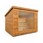 TimberIN Nordic Vista™ – moderne rechteckige Gartensauna mit horizontaler Holzverkleidung, vollverglaster Front und gestuften Innenbänken auf weißem Hintergrund.