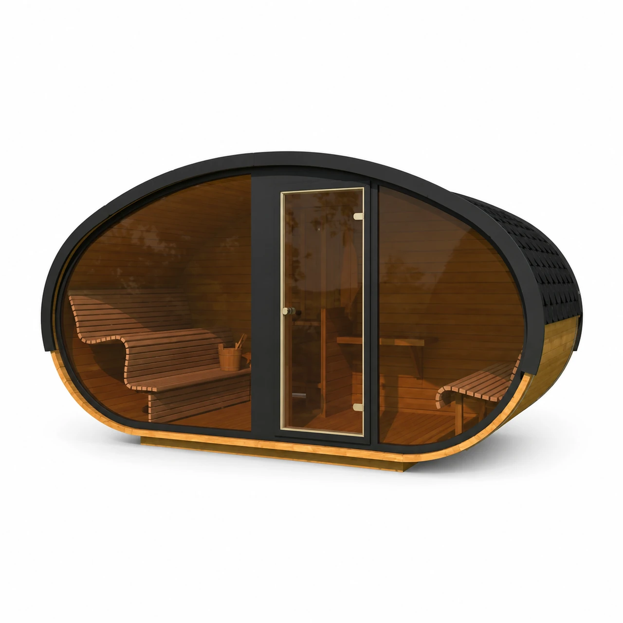 TimberIN Nordic Hobbiton™ Glass 1 TimberIN Nordic Hobbiton™ Glass – breite ovale Hobbit-Sauna mit dunkler Schindelhülle, verglaster Panoramafront, mittiger Glastür und gebogenen Holzbänken auf weißem Hintergrund.