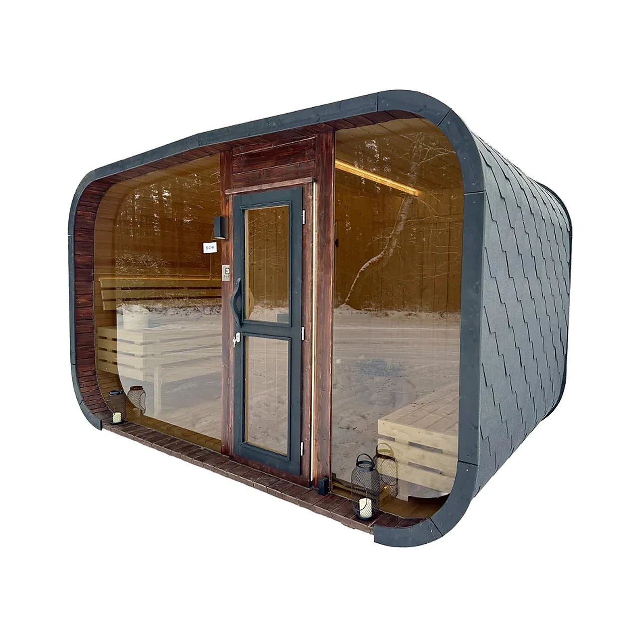 TimberIN Nordic Horizon™ 1 TimberIN Nordic Horizon™ – moderne Gartensauna-Kabine mit gerundetem dunklem Dach, Panorama-Glasfront, mittiger Tür und sichtbaren gestuften Holzbänken auf weißem Hintergrund.