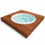 Badefass 4 TimberIN Nordic InGround Comfort eingelassenes rundes GFK-Badefass mit hellblauem Wasser und Massagedüsen in einem Holzterrassen-Modul auf weißem Hintergrund.