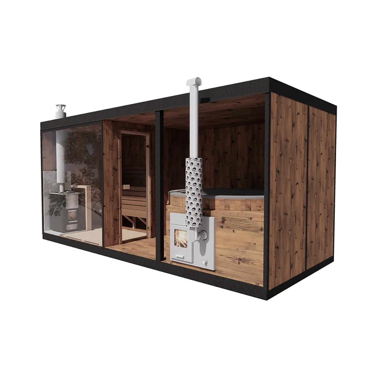 TimberIN Nordic Modular Spa™ 1 TimberIN Nordic Modular Spa™ – modernes modulares Outdoor-Spa-Gebäude mit dunklem Rahmen, Holzfassade, verglastem Saunabereich, Holzofen und geschlossenem Umkleideraum auf weißem Hintergrund.