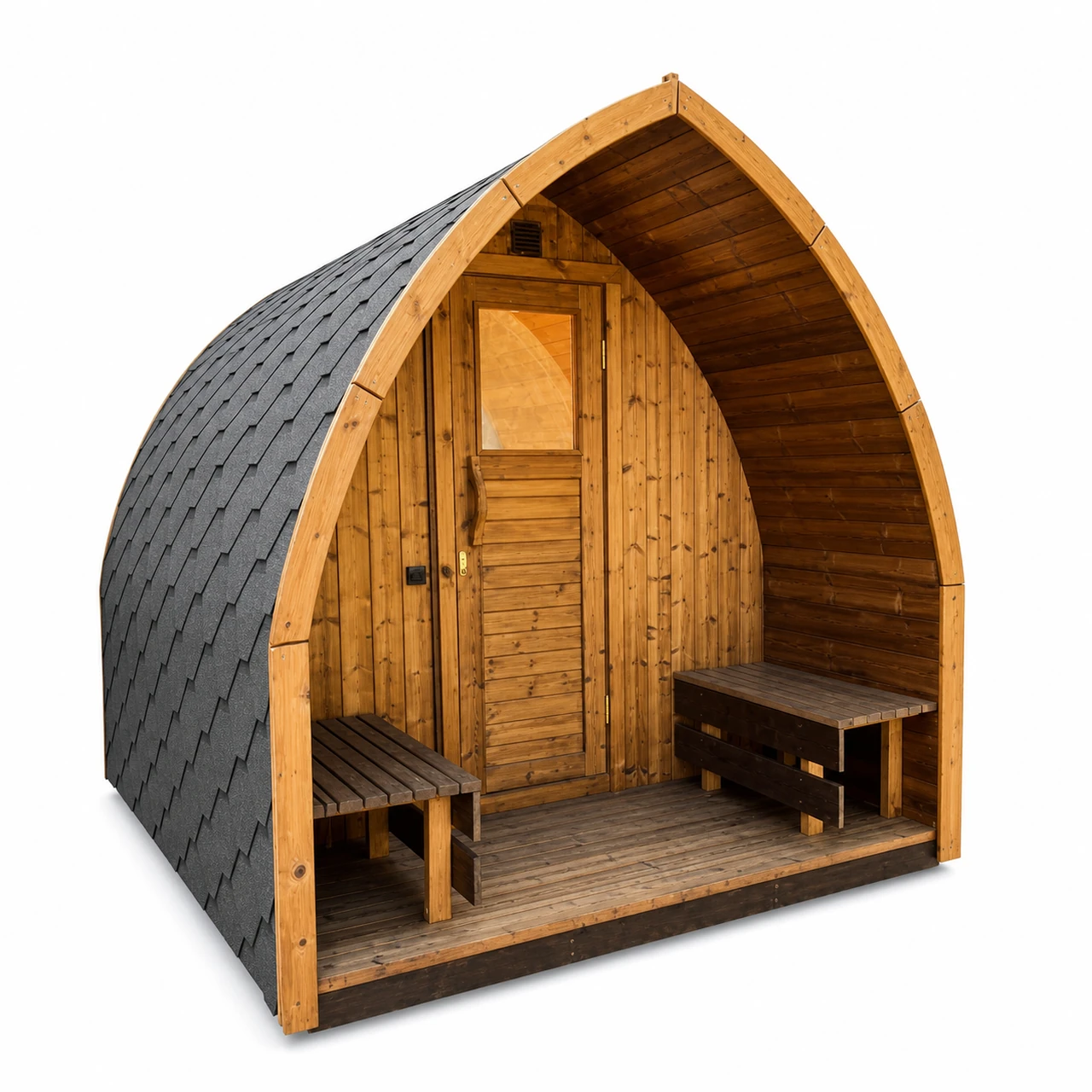 TimberIN Nordic Pod™ Porch 1 TimberIN Nordic Pod™ Porch – bogenförmige Außensauna im Pod-Design mit warmem Holzinnenraum, überdachter Veranda, Seitenbänken und dunklem Schindeldach auf weißem Hintergrund.