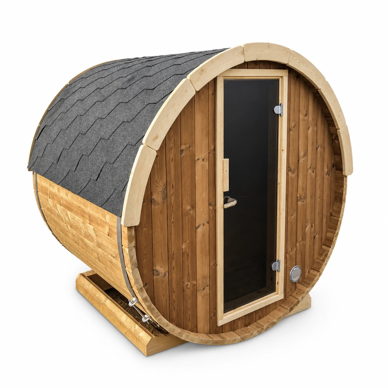 TimberIN Nordic Terrace™ 160 Electric 1 TimberIN Nordic Terrace™ 160 Electric – kompakte Zwei-Personen-Terrassen-Fasssauna mit heller Holzverkleidung, grauem Schindeldach und vollhoher Glaseingangstür auf weißem Hintergrund.