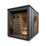 TimberIN Nordic Oculus™ – moderne kompakte Außensauna mit dunklem Rahmenkorpus, strukturierter Holzfront, Glastür und großem rundem Seitenfenster auf weißem Hintergrund.