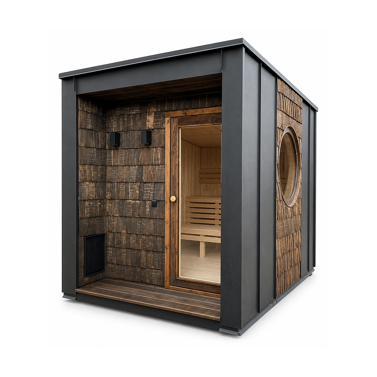 TimberIN Nordic Oculus™ 1 TimberIN Nordic Oculus™ – moderne kompakte Außensauna mit dunklem Rahmenkorpus, strukturierter Holzfront, Glastür und großem rundem Seitenfenster auf weißem Hintergrund.