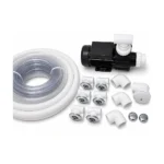 Badefass Zubehör 6 Wasser Massagefunktion Massagedüsen für Badefass – Hydromassage-Set für Badefässer mit Umwälzpumpe, transparenten Schläuchen, Edelstahl-Wasserdüsen, Winkeln und Anschlussstücken auf weißem Hintergrund.