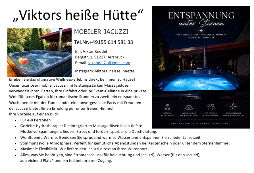 TimberIN Ausstellungen und Besichtigungsmöglichkeiten 2 Mobiler Jacuzzi von Viktors heiße Hütte mit Kontaktdaten und Wellness-Aufnahme bei Nacht