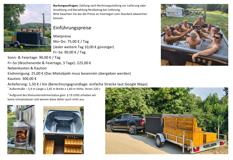 TimberIN Ausstellungen und Besichtigungsmöglichkeiten 3 Mietpreise, Ausstattung, Kaution und Lieferinformationen für den mobilen Jacuzzi von Viktors heiße Hütte