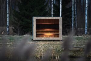 TimberIN Nordic Cube Sauna mit großem Panoramafenster