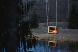 TimberIN Nordic Cube Sauna auf einer Wiese