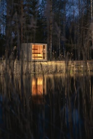 TimberIN Nordic Cube leuchtet nachts im Schilf